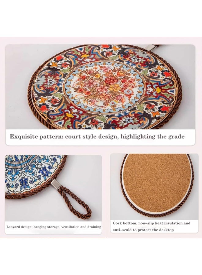 4 Pack Vintage Ceramic Trivets, 7" Heat-Resistant Kitchen Hot Pan Mats with Cork Base, Floral & Geometric Designs - Image 5