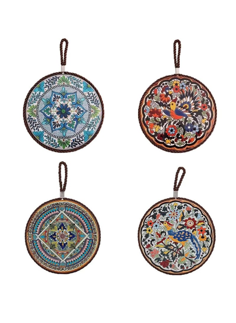 4 Pack Vintage Ceramic Trivets, 7" Heat-Resistant Kitchen Hot Pan Mats with Cork Base, Floral & Geometric Designs - Image 1
