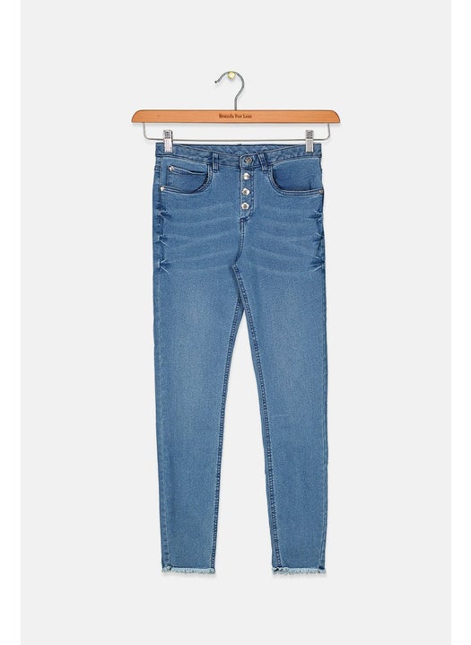 Kids Girl Regular Fit Washed Denim Jeans, Blue