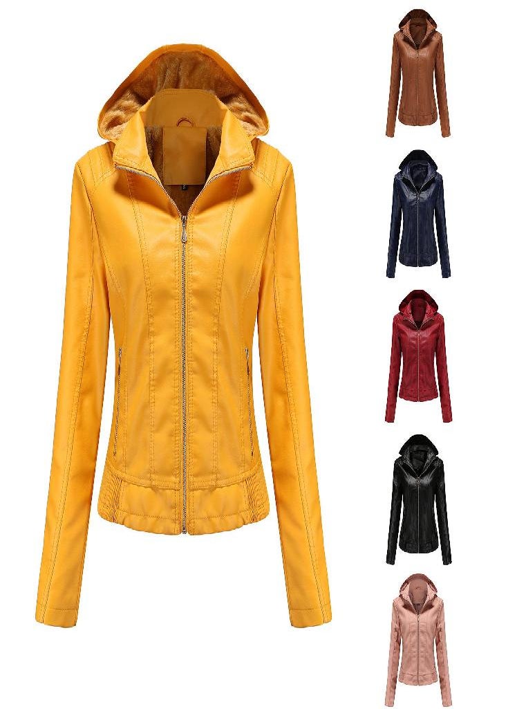 Eckek - Hooded Leather Jacket Women 'S Zipper Long Sleeve Fleece Leather Jacket European Size Slim Coat - Image 1
