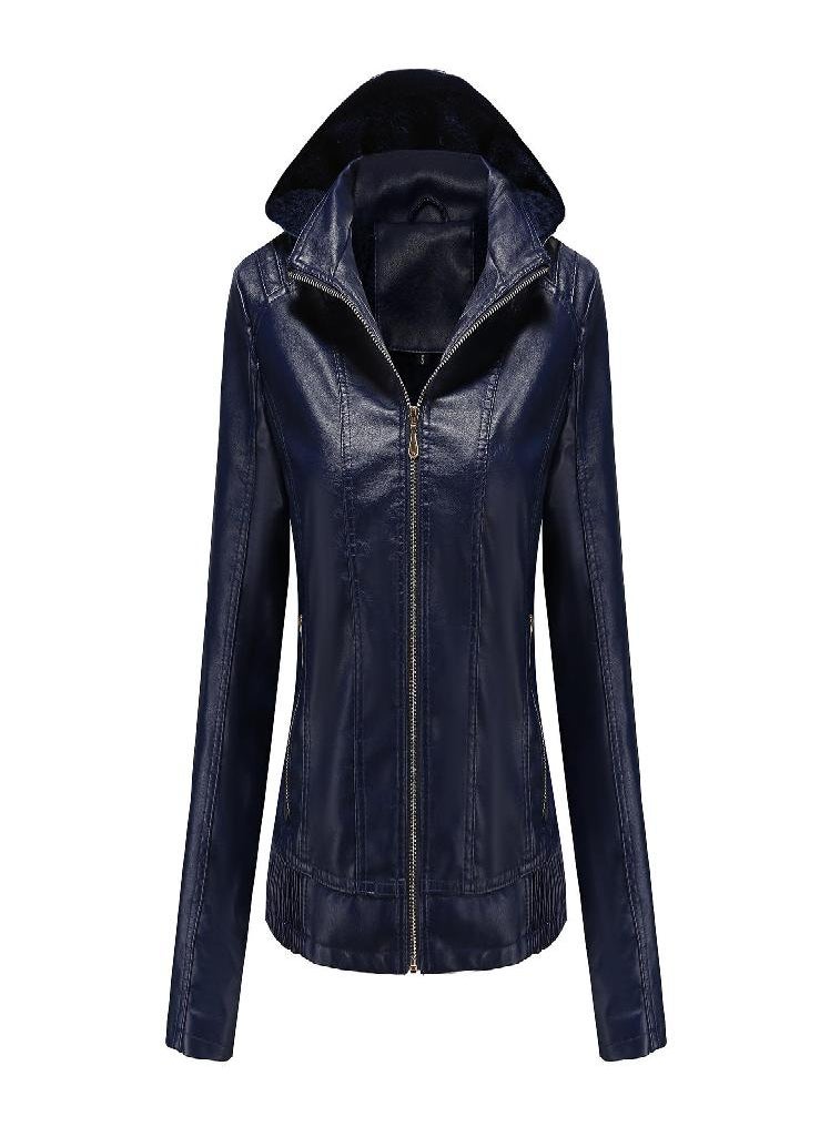 Eckek - Hooded Leather Jacket Women 'S Zipper Long Sleeve Fleece Leather Jacket European Size Slim Coat - Image 1