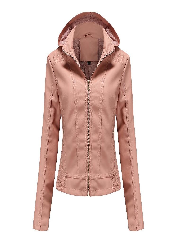 Eckek - Hooded Leather Jacket Women 'S Zipper Long Sleeve Fleece Leather Jacket European Size Slim Coat - Image 1