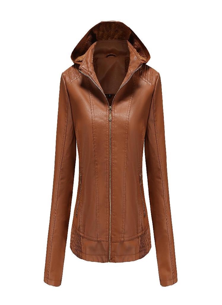 Eckek - Hooded Leather Jacket Women 'S Zipper Long Sleeve Fleece Leather Jacket European Size Slim Coat - Image 1