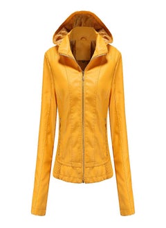 Hooded Leather Jacket Women 'S Zipper Long Sleeve Fleece Leather Jacket European Size Slim Coat
