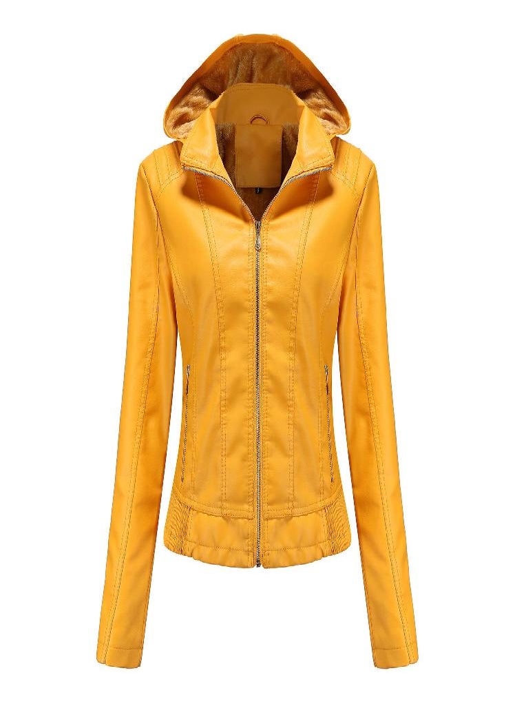 Eckek - Hooded Leather Jacket Women 'S Zipper Long Sleeve Fleece Leather Jacket European Size Slim Coat - Image 1