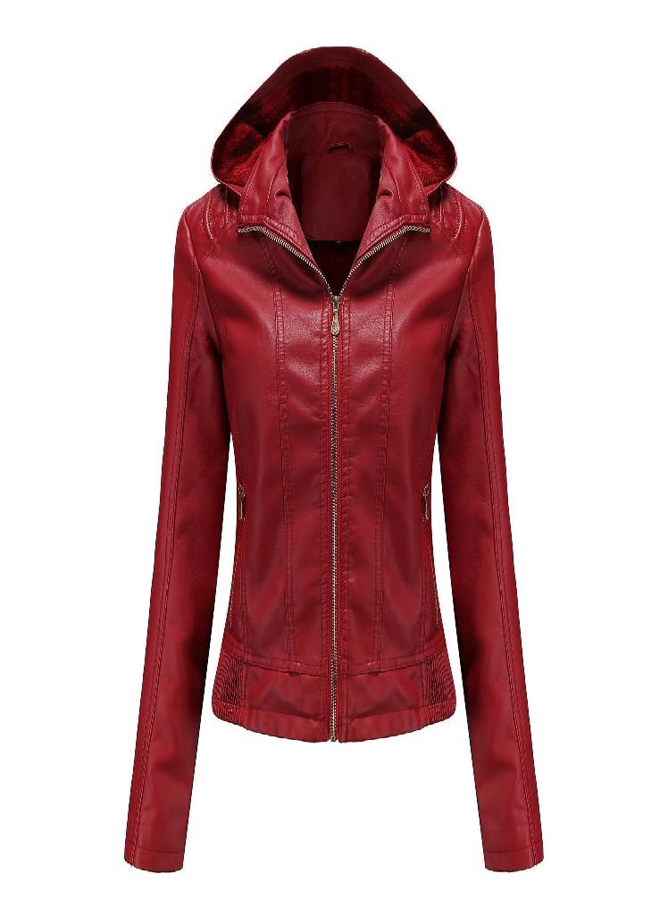 Eckek - Hooded Leather Jacket Women 'S Zipper Long Sleeve Fleece Leather Jacket European Size Slim Coat - Image 1