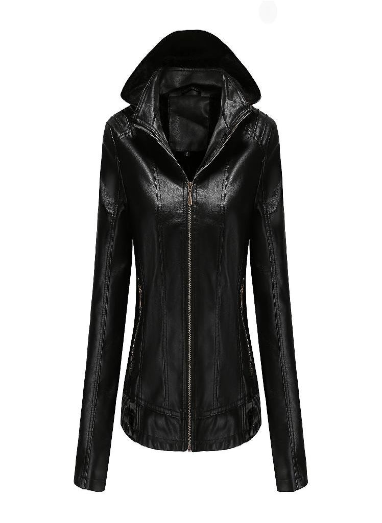Eckek - Hooded Leather Jacket Women 'S Zipper Long Sleeve Fleece Leather Jacket European Size Slim Coat - Image 1