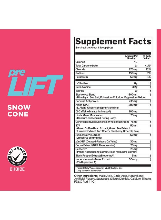 Rule 1 Proteins قاعدة 1 preLIFT قبل التمرين، مخروط الثلج - 30 حصة، 6 جرام سيترولين، 3.2 جرام بيتا ألانين، 3 مصادر كافيين + 20 أخرى للطاقة، اليقظة، والتحمل (30 حصة، مخروط الثلج) - Image 3