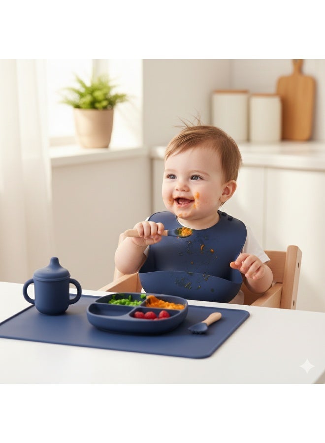 **طقم تغذية أطفال سيليكون من زيبلي – أدوات طعام آمنة خالية من BPA مع طبق شفط ووعاء ومريلة وكوب وملعقة وشوكة خشبية – مفرش غير قابل للانزلاق – طقم عصري للأطفال** - Image 2