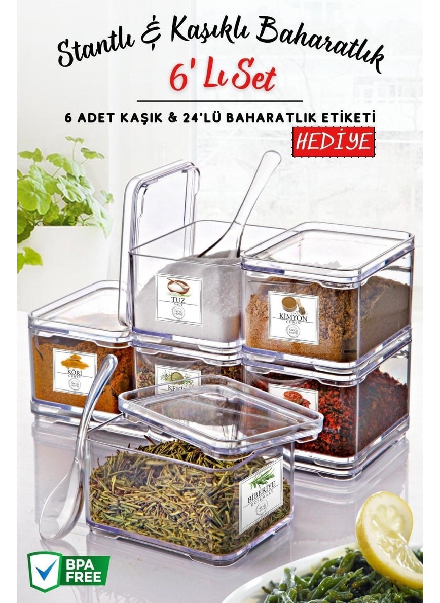 Nandy Home Clear Spice Jar Set with 6 Stands, Spoons and Visual Labels  - Image 1