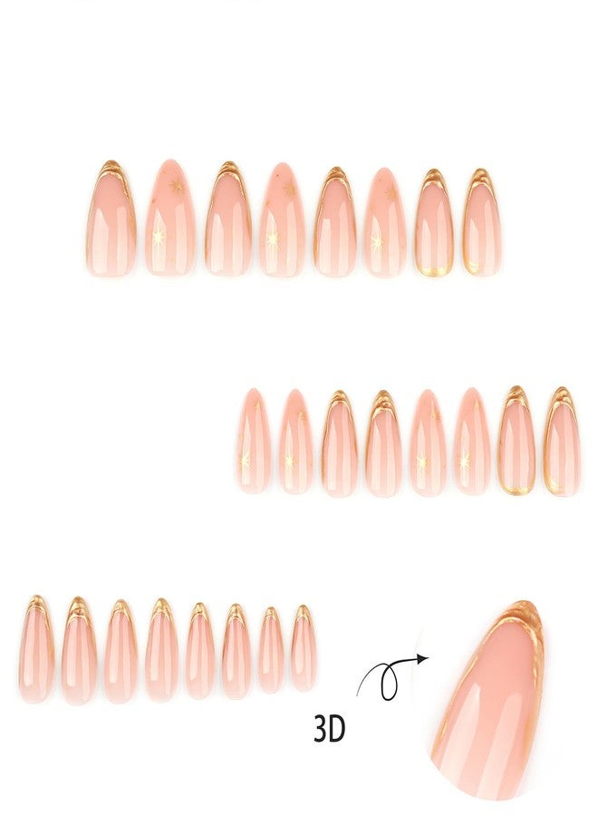 Jremg Gold French Tip Press on Nails Medium Almond Fake Nails with 3D Designs Glossy Full Cover Stick on Nails Gold Metal Star False Nails Reusable Artificial Acrylic Nails for Women Nail Decor 24Pcs - Image 4