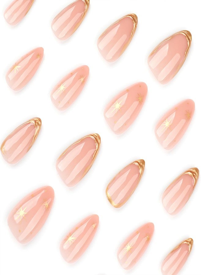 Jremg Gold French Tip Press on Nails Medium Almond Fake Nails with 3D Designs Glossy Full Cover Stick on Nails Gold Metal Star False Nails Reusable Artificial Acrylic Nails for Women Nail Decor 24Pcs - Image 3