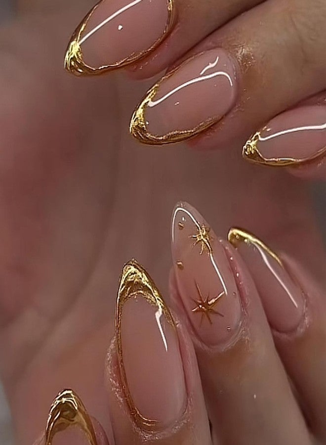 Jremg Gold French Tip Press on Nails Medium Almond Fake Nails with 3D Designs Glossy Full Cover Stick on Nails Gold Metal Star False Nails Reusable Artificial Acrylic Nails for Women Nail Decor 24Pcs - Image 1