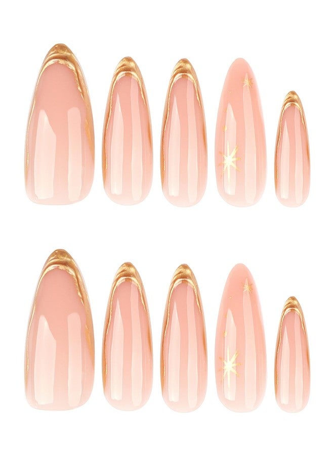 Jremg Gold French Tip Press on Nails Medium Almond Fake Nails with 3D Designs Glossy Full Cover Stick on Nails Gold Metal Star False Nails Reusable Artificial Acrylic Nails for Women Nail Decor 24Pcs - Image 5