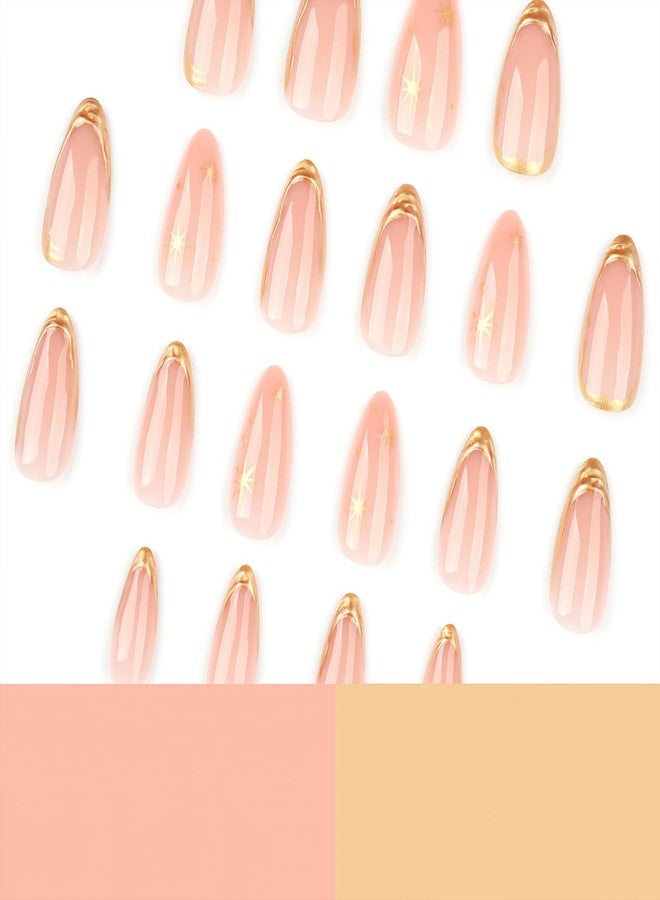 Jremg Gold French Tip Press on Nails Medium Almond Fake Nails with 3D Designs Glossy Full Cover Stick on Nails Gold Metal Star False Nails Reusable Artificial Acrylic Nails for Women Nail Decor 24Pcs - Image 2