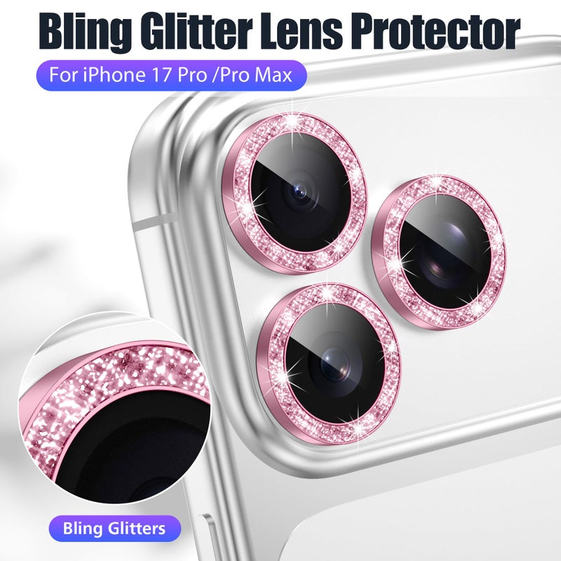 AGVEE 3+3 6 Pack for iPhone 17 Pro 6.3" / 17 Pro Max 6.9" Camera Lens Protector, Bling Diamond & Bling Glitter Metal Ring 9H Tempered HD Glass Camera Cover Film, Bling-Pink - Image 5