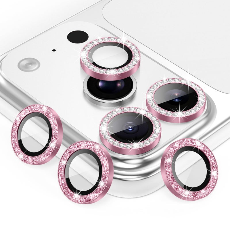 AGVEE 3+3 6 Pack for iPhone 17 Pro 6.3" / 17 Pro Max 6.9" Camera Lens Protector, Bling Diamond & Bling Glitter Metal Ring 9H Tempered HD Glass Camera Cover Film, Bling-Pink - Image 1