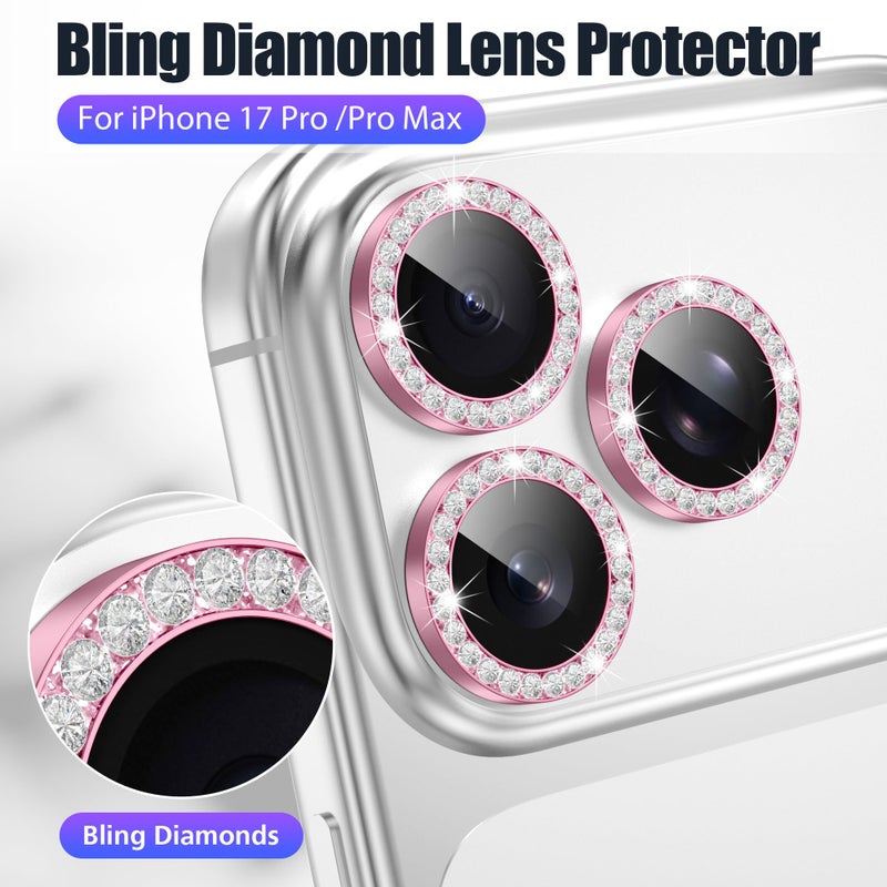 AGVEE 3+3 6 Pack for iPhone 17 Pro 6.3" / 17 Pro Max 6.9" Camera Lens Protector, Bling Diamond & Bling Glitter Metal Ring 9H Tempered HD Glass Camera Cover Film, Bling-Pink - Image 4