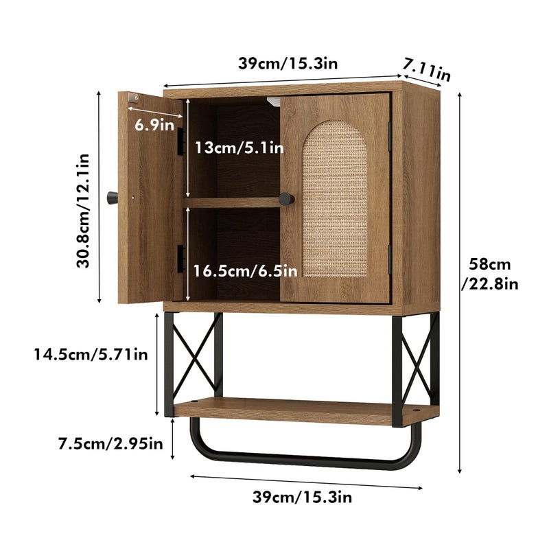 RUSTOWN Rattan Bathroom Wall Cabinet, Boho Over The Toilet Storage Cabinet with Arched Rattan Doors, Modern Medicine Cabinet with Adjustable Shelves & Towel Bar, Bathroom Organizer(Rustic Oak, Small) - Image 3