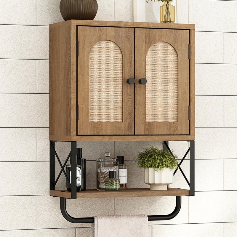RUSTOWN Rattan Bathroom Wall Cabinet, Boho Over The Toilet Storage Cabinet with Arched Rattan Doors, Modern Medicine Cabinet with Adjustable Shelves & Towel Bar, Bathroom Organizer(Rustic Oak, Small) - Image 1