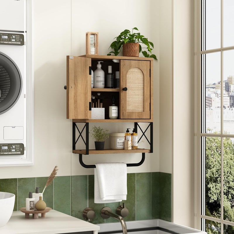 RUSTOWN Rattan Bathroom Wall Cabinet, Boho Over The Toilet Storage Cabinet with Arched Rattan Doors, Modern Medicine Cabinet with Adjustable Shelves & Towel Bar, Bathroom Organizer(Rustic Oak, Small) - Image 2