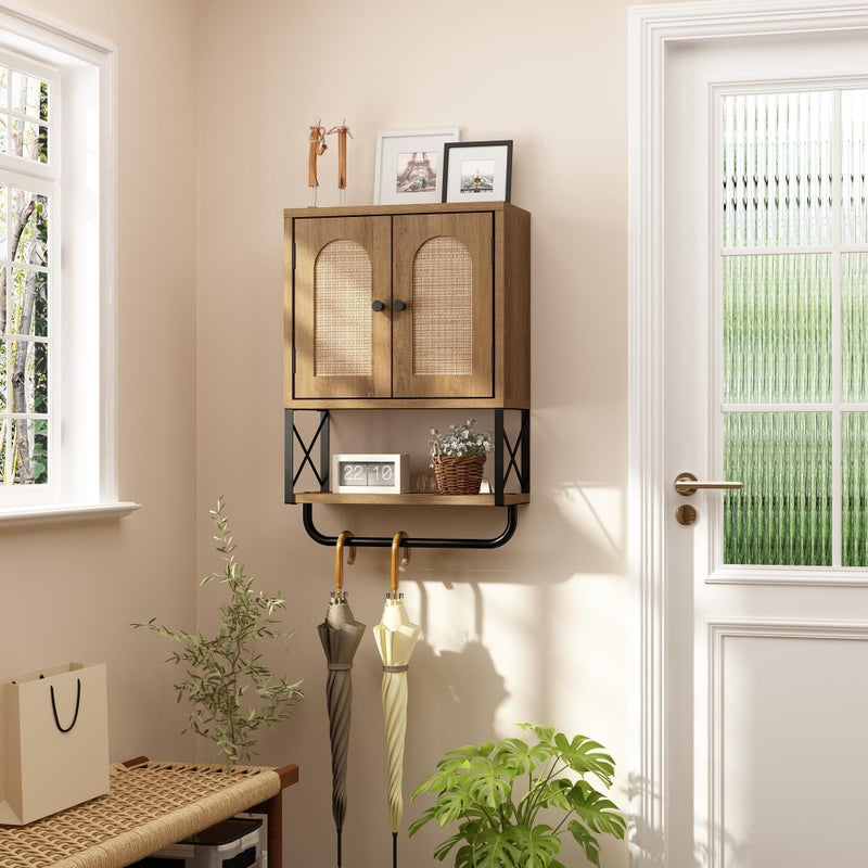 RUSTOWN Rattan Bathroom Wall Cabinet, Boho Over The Toilet Storage Cabinet with Arched Rattan Doors, Modern Medicine Cabinet with Adjustable Shelves & Towel Bar, Bathroom Organizer(Rustic Oak, Small) - Image 5