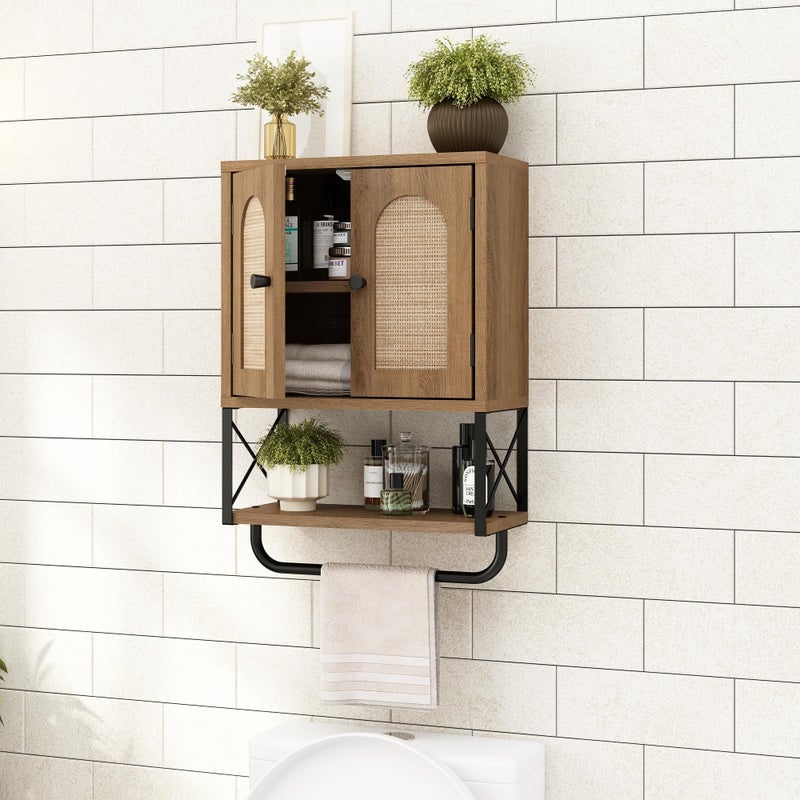 RUSTOWN Rattan Bathroom Wall Cabinet, Boho Over The Toilet Storage Cabinet with Arched Rattan Doors, Modern Medicine Cabinet with Adjustable Shelves & Towel Bar, Bathroom Organizer(Rustic Oak, Small) - Image 4