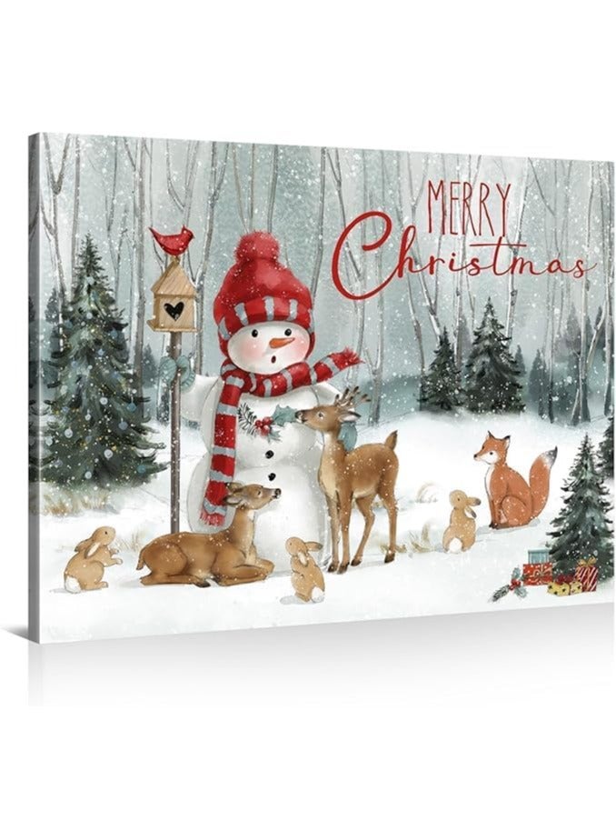 مؤسسة فكرة اليوم فكرة اليوم لفن الحائط لعيد الميلاد على شكل رجل ثلج | مطبوعات قماشية لمناظر طبيعية شتوية مع غزال وأرنب وملصقات عيد الميلاد لغرفة المعيشة وغرفة النوم وديكور المكتب مقاس 12 × 15 بوصة - Image 1