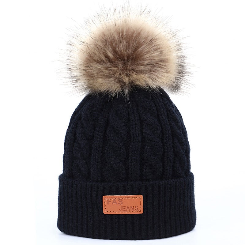 Kids Knit Beanie Scarf Set Winter Warm Pom-Pom Black scarf
