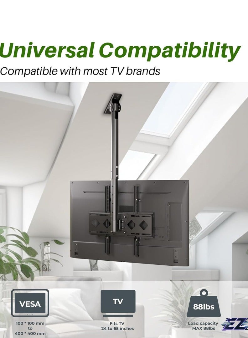 Gravity Ceiling TV Mount Bracket - Hanging TV Mount Fits Most 26-65 inch LED, LCD, OLED, Plasma Flat Screen TVs - Adjustable Height Full Motion 360¬∞ Rotation Tilting Swiveling Flip Down TV Mount - Image 2