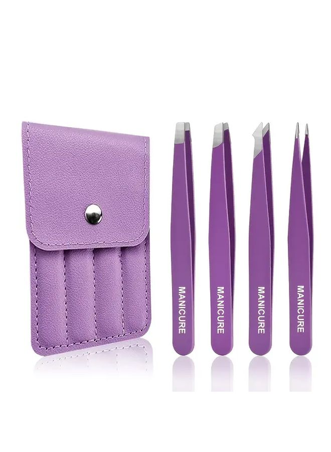 Purple Stainless Steel Tweezer Set 4pcs Slant Curved Tip for Eyebrow Shaping - Image 1