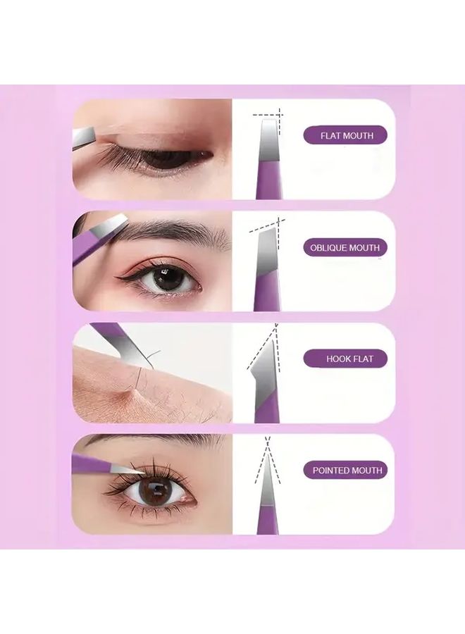 Purple Stainless Steel Tweezer Set 4pcs Slant Curved Tip for Eyebrow Shaping - Image 2