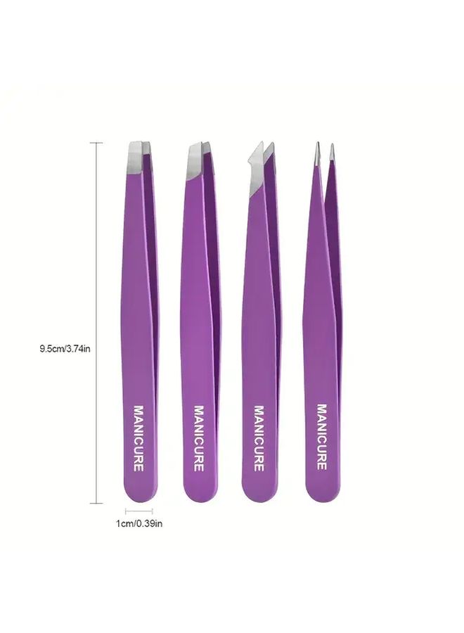 Purple Stainless Steel Tweezer Set 4pcs Slant Curved Tip for Eyebrow Shaping - Image 4