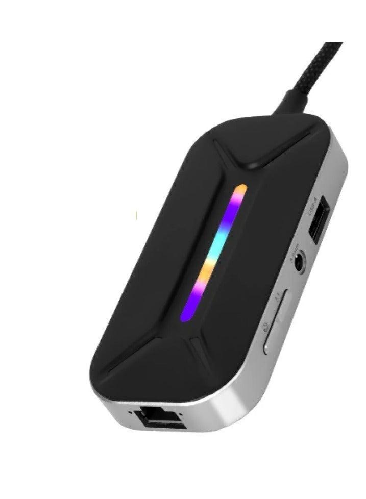 Sarafox XS6 Pro Type-C Adapter, 6-in-1 Multifunctional Hub with RGB Lighting, 3.5mm Audio Input, 1000Mbps RJ45 Ethernet Port, HDMI Port, and 60W PD Charging. Also available: 3.5mm + RJ45 + 100W PD Charging Adapter. Excellent for gaming, streaming, and content creation. - Image 1