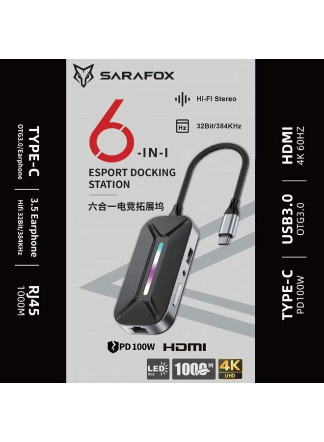 Sarafox XS6 Pro Type-C Adapter, 6-in-1 Multifunctional Hub with RGB Lighting, 3.5mm Audio Input, 1000Mbps RJ45 Ethernet Port, HDMI Port, and 60W PD Charging. Also available: 3.5mm + RJ45 + 100W PD Charging Adapter. Excellent for gaming, streaming, and content creation. - Image 5