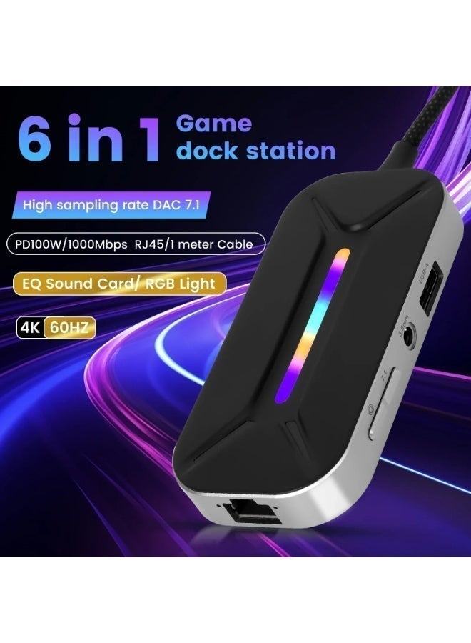 Sarafox XS6 Pro Type-C Adapter, 6-in-1 Multifunctional Hub with RGB Lighting, 3.5mm Audio Input, 1000Mbps RJ45 Ethernet Port, HDMI Port, and 60W PD Charging. Also available: 3.5mm + RJ45 + 100W PD Charging Adapter. Excellent for gaming, streaming, and content creation. - Image 2