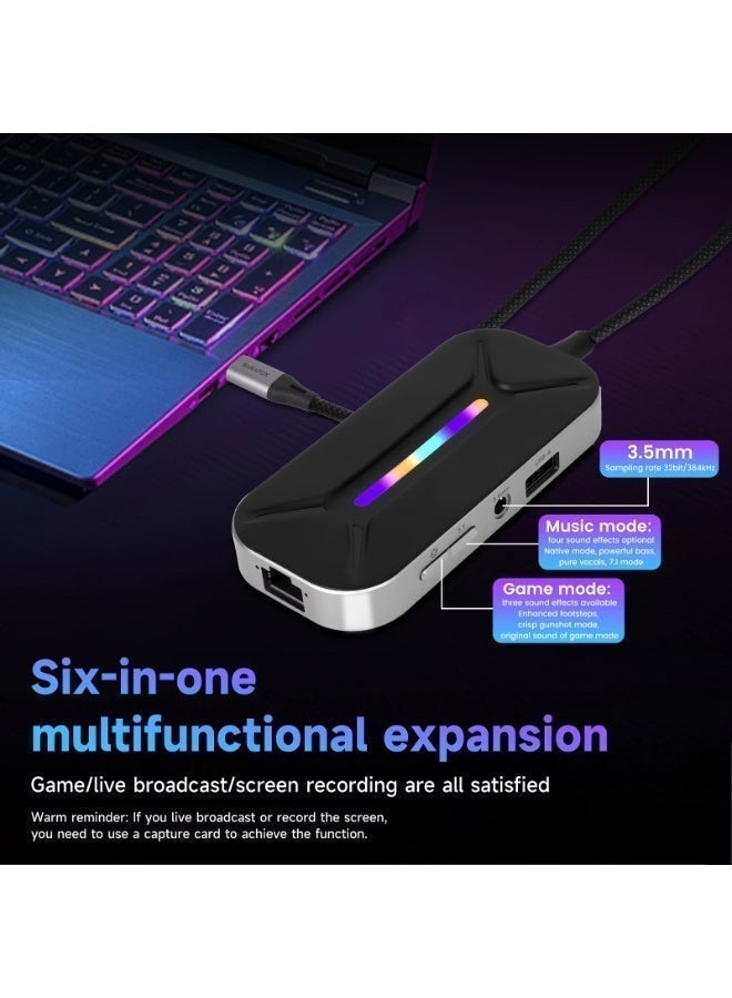 Sarafox XS6 Pro Type-C Adapter, 6-in-1 Multifunctional Hub with RGB Lighting, 3.5mm Audio Input, 1000Mbps RJ45 Ethernet Port, HDMI Port, and 60W PD Charging. Also available: 3.5mm + RJ45 + 100W PD Charging Adapter. Excellent for gaming, streaming, and content creation. - Image 4