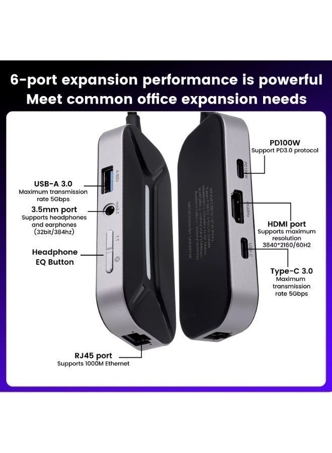 Sarafox XS6 Pro Type-C Adapter, 6-in-1 Multifunctional Hub with RGB Lighting, 3.5mm Audio Input, 1000Mbps RJ45 Ethernet Port, HDMI Port, and 60W PD Charging. Also available: 3.5mm + RJ45 + 100W PD Charging Adapter. Excellent for gaming, streaming, and content creation. - Image 3