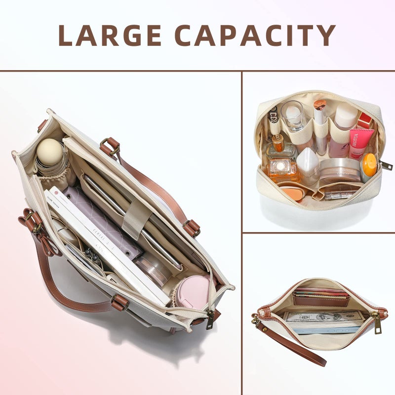 Keyli Laptop Tote Bag Canvas Laptop Bag For Women 15.6 Inch Casual Work Shoulder Bags Large Capacity Professional Business Office Computer Bag Briefcase Handbag Purses For Travel  Office  School Brown - Image 4