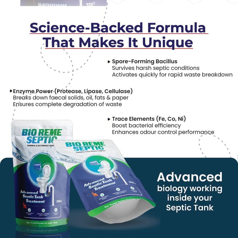 Bio Reme Septic Tank Cleaner Bacteria Powder for Sludge Build Up Reduction and Odour Control Eco Friendly Septic Care Maintenance Treatment for Toilet and Drain Pack of 2 Total 500 Gms - Image 5