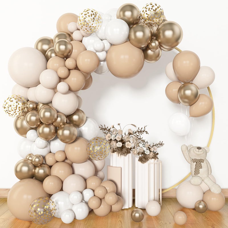 Amandir 153pcs White Sand Balloon Garland Arch Kit, Different Sizes 18 12 10 5 inch Beige Cream Champagne Gold Latex Metallic Confetti Balloons for Boho Neutral Baby Shower Birthday Party Decorations - Image 1