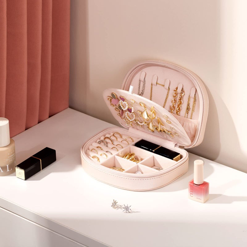 ProCase Travel Size Jewelry Box, Small Portable Seashell-Shaped Jewelry Case, 2 Layer Mini Jewelry Organizer in PU Leather for Women -Champagne - Image 2