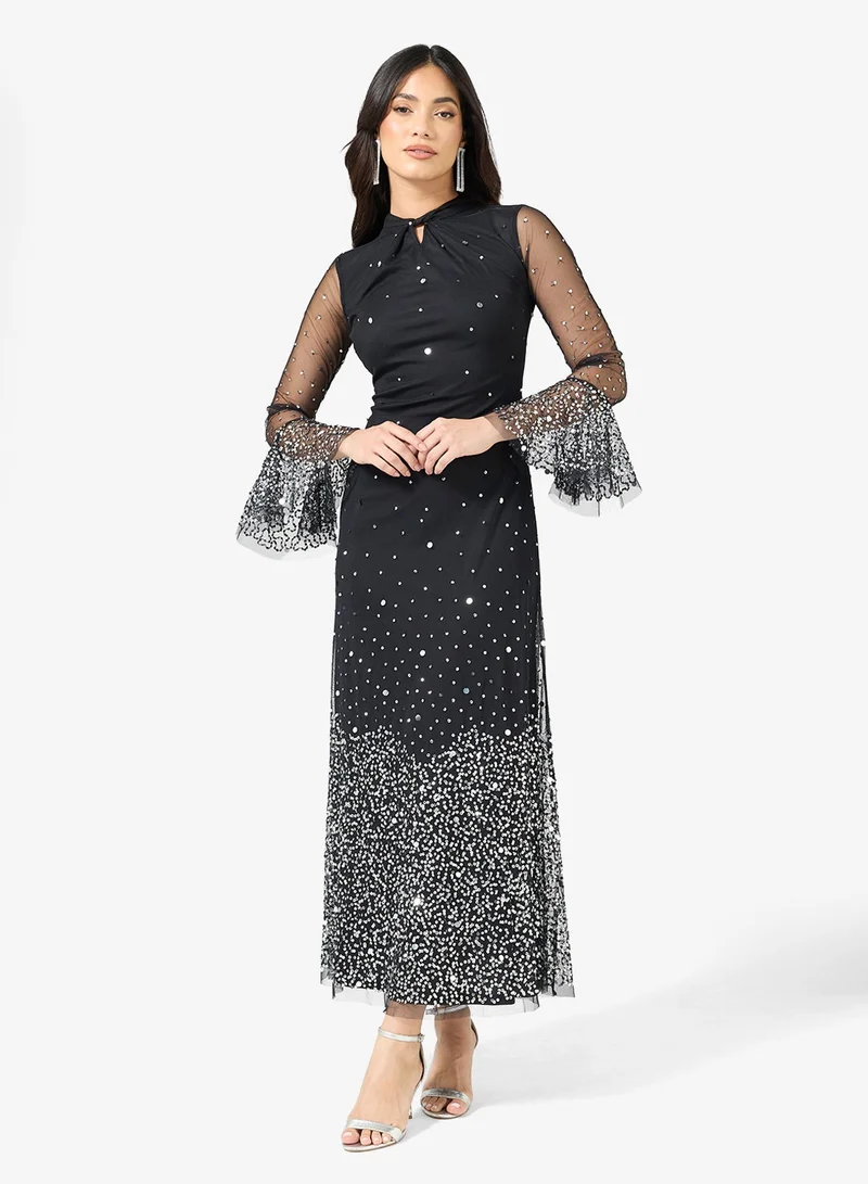 Frock and Frill Embellished Mesh Detail Long Sleeve Maxi Dress