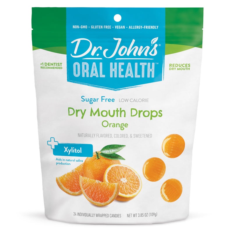 Dr. John's Healthy Sweets قطرات فم جاف برتقالية من د. جون الصحية للحلويات بدون سكر، خالية من الأصباغ، نباتية، صديقة للكيتو، 24 قطعة، 3.85 أونصة كيس - Image 1