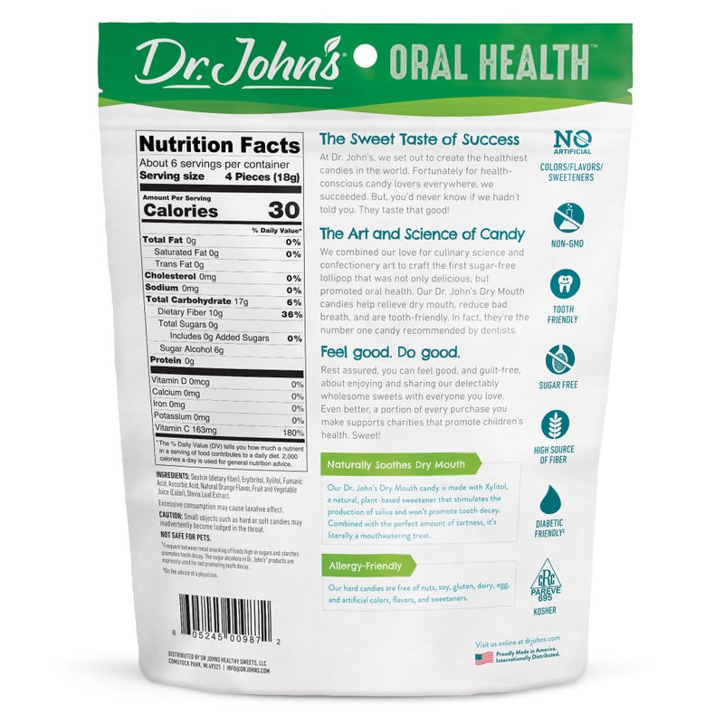 Dr. John's Healthy Sweets قطرات فم جاف برتقالية من د. جون الصحية للحلويات بدون سكر، خالية من الأصباغ، نباتية، صديقة للكيتو، 24 قطعة، 3.85 أونصة كيس - Image 2