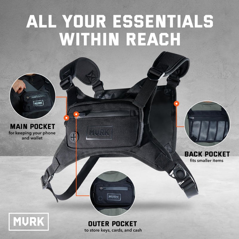 MVRK Water Resistant Chest Pack - Minimalist Running Pack For Workouts, Phone Holder With Extra Storage, Lightweight Running Vest Backpack with Reflective Back (Black) - Image 2