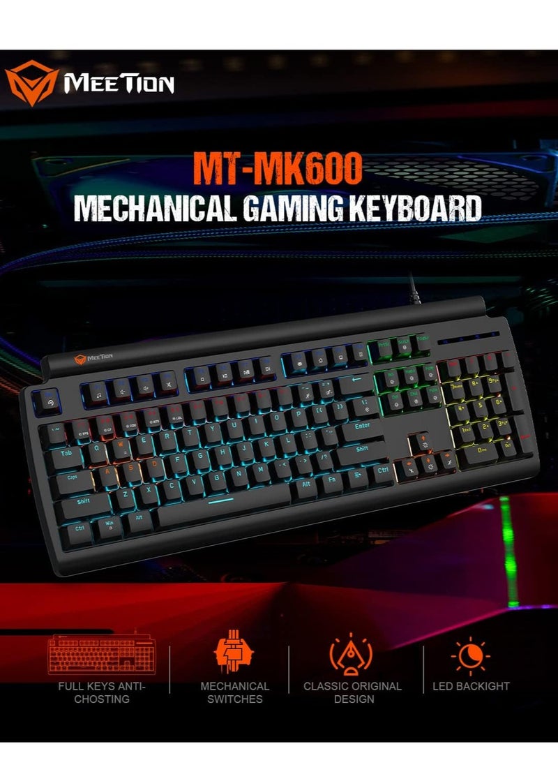 ميشين لوحة مفاتيح ميكانيكية Meetion MK600 مضادة للظلال مفاتيح كاملة قابلة للتخصيص نوع لوحة المفاتيح أفضل مزيج من أضواء RGB هيكل أسود توافق نظام التشغيل Windows XP/Vista/7/8/10 MAC OS X واجهة USB  - Image 4