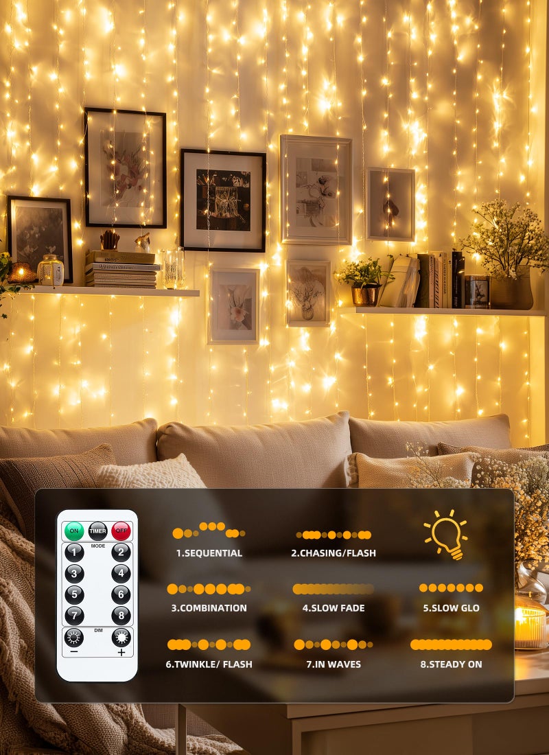 Brightown 300 LED Fairy Curtain Lights, 9.8ft x 9.8ft Warm White Curtain String Lights, USB Plug in 8 Lighting Modes Christmas Decoration, Hanging Lights with Remote for Bedroom Indoor Weddings Dorm - Image 5
