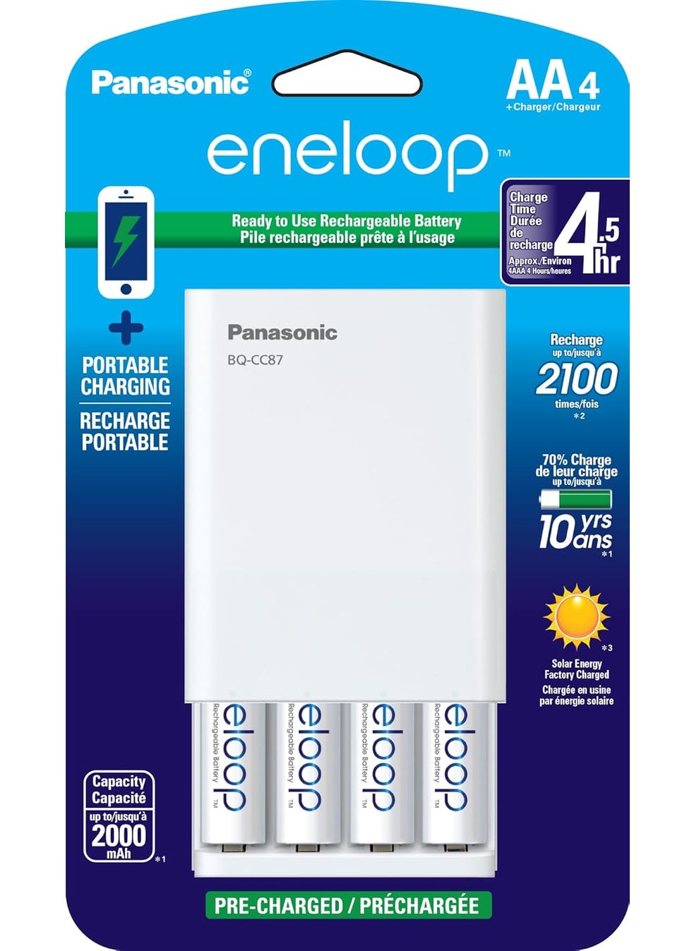 eneloop Eneloop Panasonic KKJ87MCA4BA Individual Battery Charger with Portable Charging Technology and 4AA Rechargeable Batteries White  - Image 1
