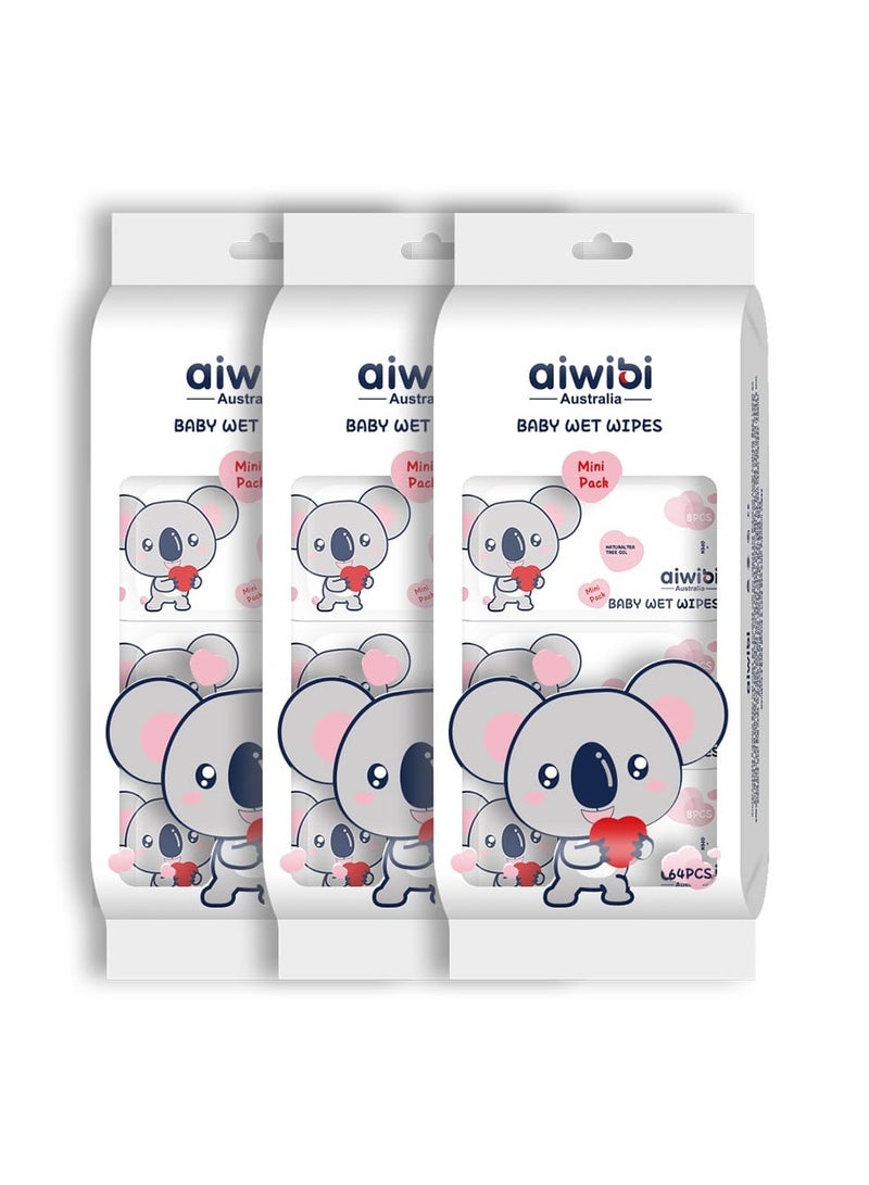 Aiwibi Mini Baby Wet Wipes Pack of 8x8 Pack of 3 - Image 1